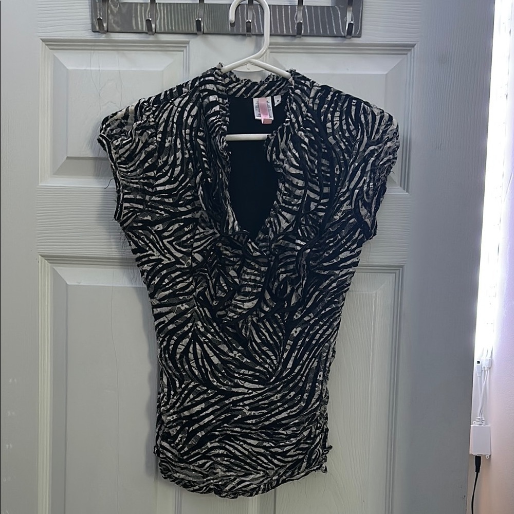 Black & White Abstract Zebra Print Cowl Neck Top – Ruched Stretch Blouse